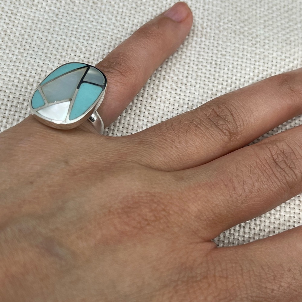 Vintage Thai 925 Sterling Silver Natural Turquoise MOP Inlay Ring Size 6 - Picture 8 of 16